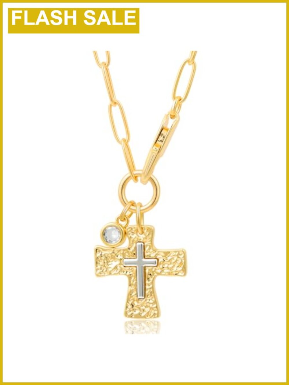 14K Gold Plated Chunky Cross Necklace Paperclip 18in Statement